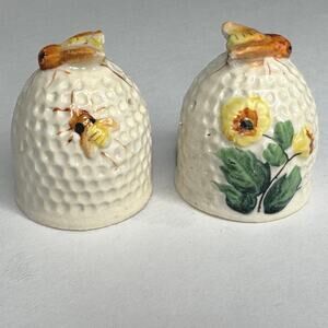 Vintage Beehive Salt & Pepper Shakers, Japan, Bees & Yellow Flowers